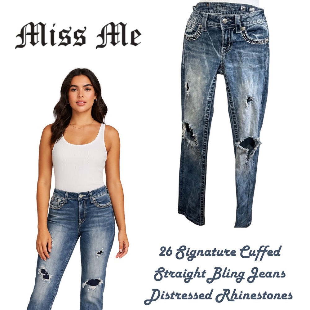 Miss Me 26 Signature Cuffed Straight Bling Jeans Distressed Rhinestones